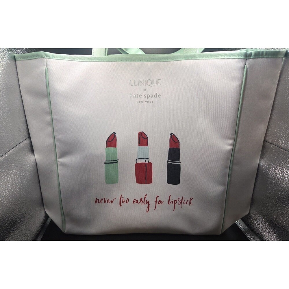 Clinique x Kate Spade Shopping Tote Shoulder Bag Lipstick Design Green Handles